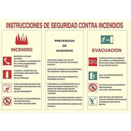 Señal con instrucciones de seguridad contra incendios